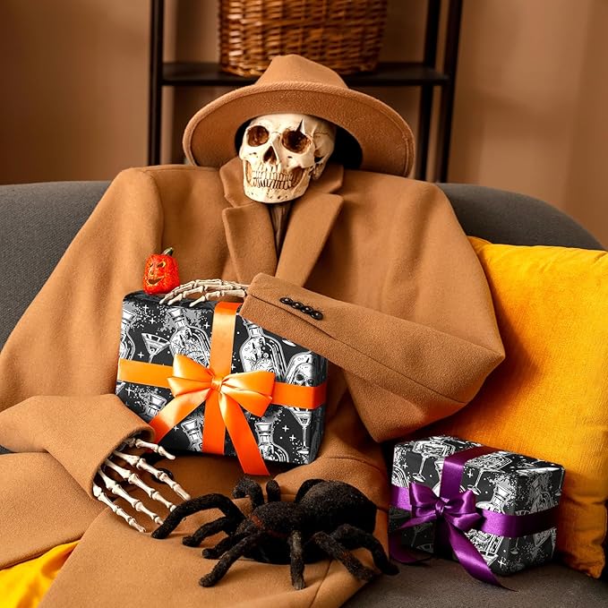 LeZakaa Halloween Wrapping Paper Roll, Gothic Skull-in-Bottle and Eye Cocktail Glass in Black, Spooky Gift Wrap for Horror Lovers, Goth Style Party, Trick or Treat, Mini Roll 17 In x 16.4 Feet