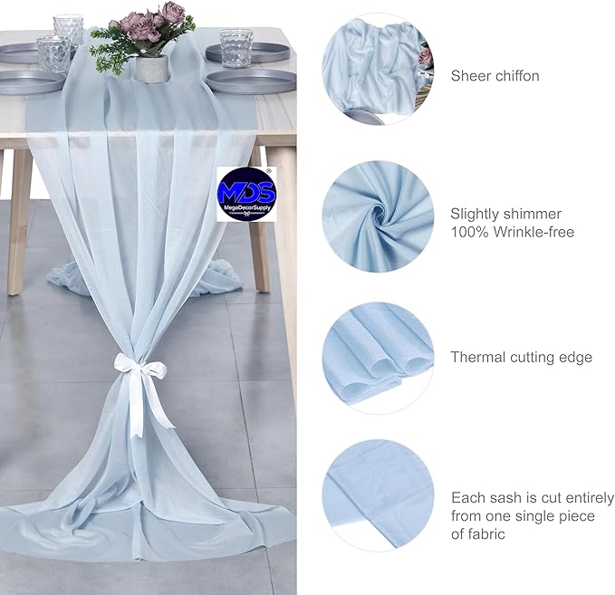 MDS 2 Pack 10ft Chiffon Table Runner 29 x 120 Inches Sheer Wedding Runner Romantic Rustic Table Runner for Wedding Decorations, Birthday Parties, Bridal Shower Party Arch Decor - Baby Blue