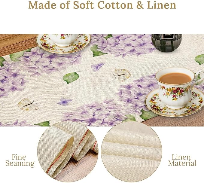 Watercolor Hydrangea Flower Table Runner, Spring Summer Seasonal Plants Butterfly Pink Lavender Dinner Runner for Home Kitchen Dining Table Party Holiday Decoration 13"x90"