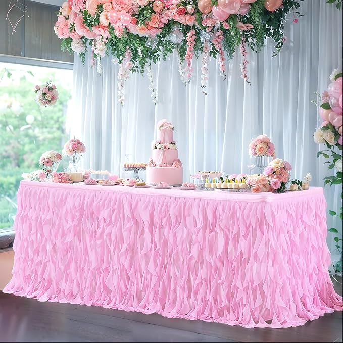 PARTISKY Pink Tulle Curly Willow Table Skirt for Rectangle Table 14ft, Ruffle Tutu Table Cloth for Girls Baby Shower,Birthday Party Candy Cake Tables