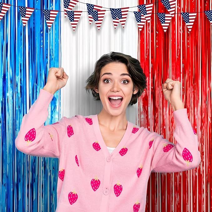 2 Pack Red White and Blue Foil Fringe Backdrop Curtains, Tinsel Streamers Party Decorations, Fringe Backdrop for Patriotic, Memorial Day, 4th of July, Independence Day