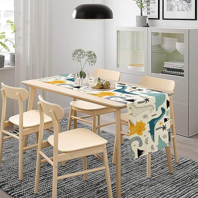 Cartoon Dinosaur Table Runner,Kids Boys Cute Various Dino Moutain Modern Abstract Print Tablecloth Burlap for Hotel Indoors Outdoor Dining Room Kitchen Holiday Party, 13x36in