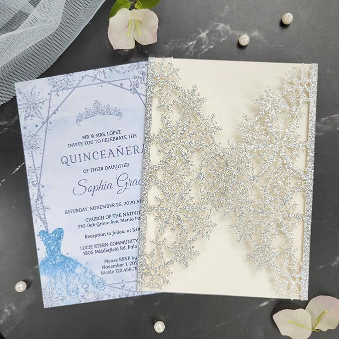 20 sets glitter snowflake invitations,laser cut wedding invitations,DIY wedding invitations,invitation card pocket envelop for all occation