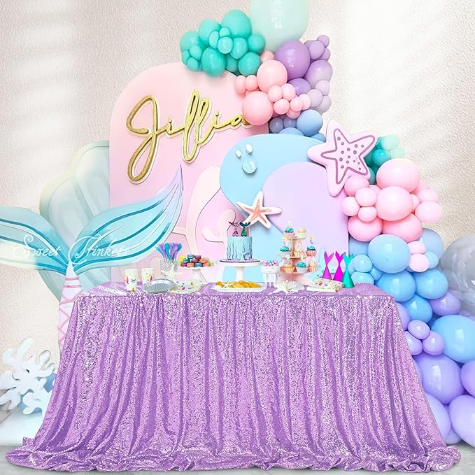 QueenDream Lilac Sequin Tablecloth 60"x102" Mermaid Tablecloth Lavender Glitter Tablecloth for Wedding Birthday Baby Shower Mermaid Decorations