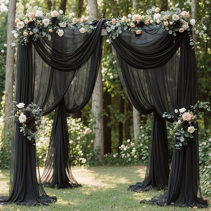 Wedding Arch Draping Fabric,1 Panel 18FT Black Sheer Chiffon Curtain Drapes 6 Yards for Wedding Ceremony Birthday Party Decoration