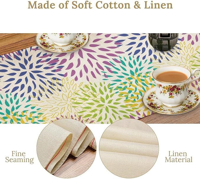 Purple Flowers Table Runner, Chrysanthemum Dahlia Vintage Modern Colorful Spring Summer Elegant Table Runner for Party Kitchen Dining Living Room Laundry Room Decor, 13x120 Inch