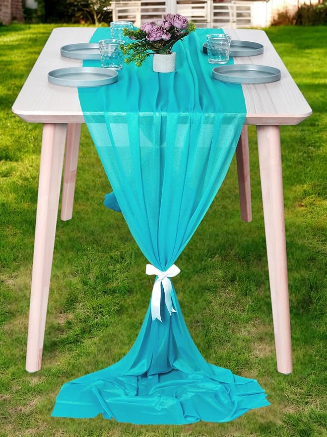 MDS Halloween Chiffon Table Runner - 10 Pack, 29 x 170 Inches, 14ft Each - Sheer Spooky Table Runners for Haunted House Parties, Trick-or-Treat Tables, Witchy Décor, Wedding & Events - Peacock Blue