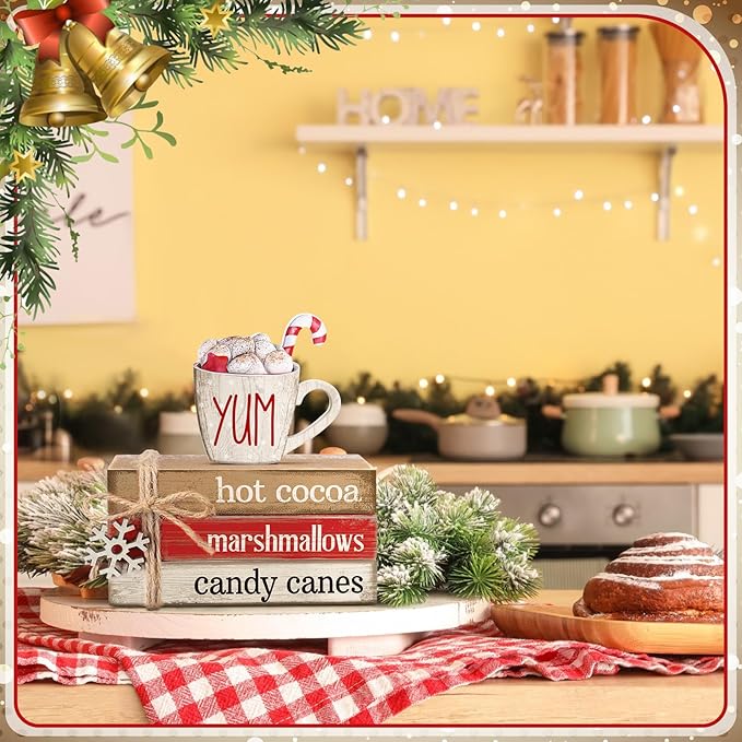 4 Pcs Christmas Table Decorations Winter Snowflake Tiered Tray Decorations Decorative Mini Wooden Books Subject Signs Block Centerpiece for Office Tabletop Shelf Housewarming Gifts
