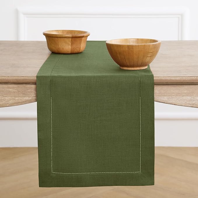 Solino Home Olive Linen Table Runner 156 Inches Long - 100% Pure Linen Classic Hemstitch Table Runner 14 x 156 Inch for Wedding, Parties, Fall, Autumn, Thanksgiving