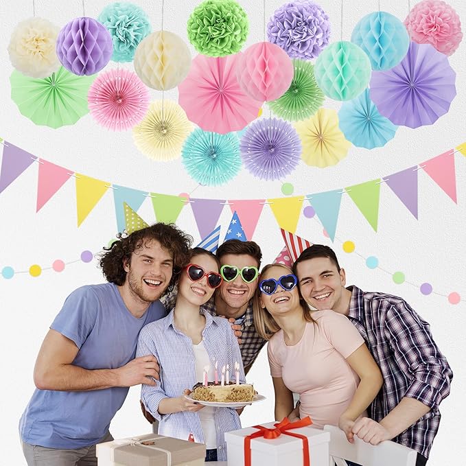 Pastel Party Decorations, 24Pcs Birthday Classroom Baby Shower Decor with Hanging Paper Fans, Pom Poms Flowers Packs for Girls Kids Birthday Rainbow Party, Macaron Carnival Theme Hanging Supplies