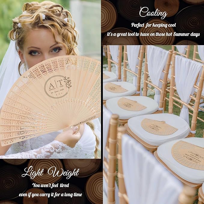 100 PCS Custom Fans Personalized Folding Fans for Line Dancing Wooden Hand Fan Wedding Favors Bulk Fans for Guests Party Event Use (Style06)