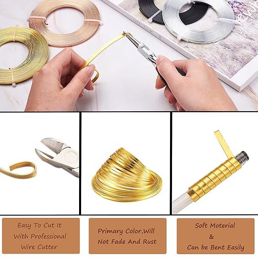 Fashewelry 65Ft 4 Colors Aluminum Flat Wire 3mm Wide Bendable Metal Craft Wire Strip 18 Gauge with Side Cutting Plier for Bezel Sculpting Armature Jewelry Making Gem Metal Wrap
