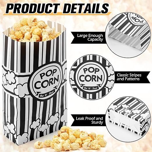 200 Pcs Paper Popcorn Bags Bulk 2 oz Large Flat Bottom Boxes Red and White Disposable Container Sleeve Movie Night Popcorn Bucket for Retro Movie Themed Party Carnival Supplies (Black and White)