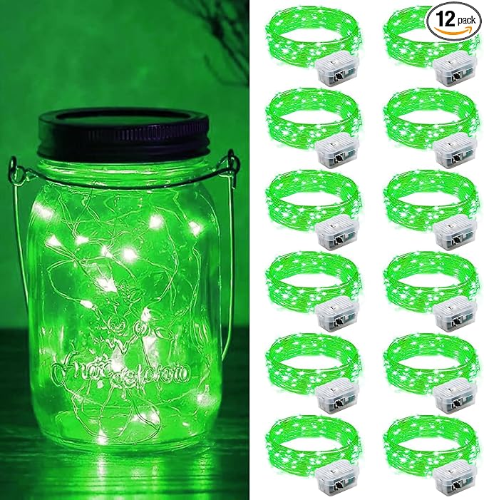 ZGWJ 12 Pack Fairy Lights Battery Operated, 7ft 20 Mini LED Fairy String Lights Silver Wire 3 Modes for DIY, Parties, Wedding, Bedroom, Halloween Christmas Decoration Green