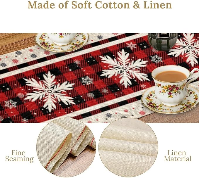 Snowflakes Christmas Table Runner,Red Buffalo Plaid Seasonal Winter Kitchen Dining Table Decoration for Home Party Decor 13x60 Inch