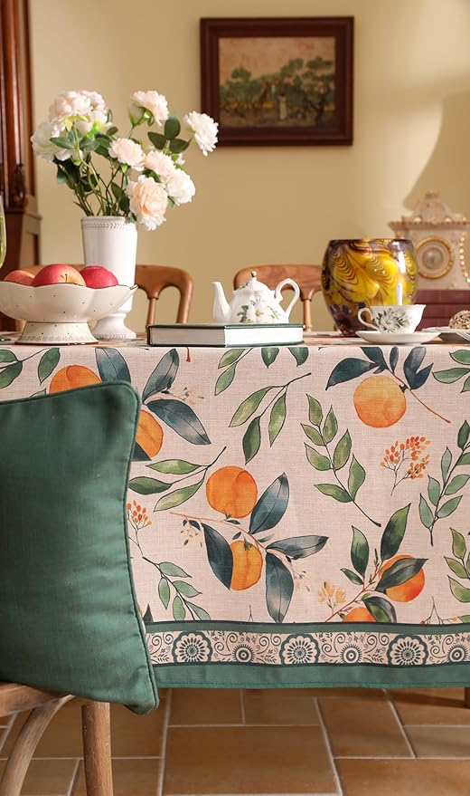 patdrea Designer Vintage Linen Long Rectangle Table Cloth,Framhouse Oranges and Leaves Pattern French Tablecloth,Fall Decor Cover for Kitchen Dining Christmas,Thanksgiving,63"x94"-Palladin a