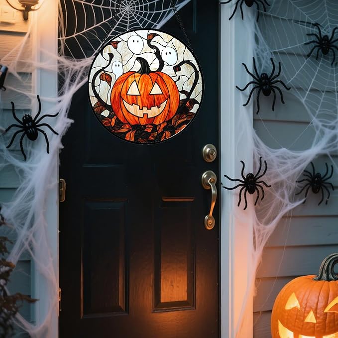 Stained Glass Window Hanging - Halloween Decorations Pumpkin Ghost Suncatcher for Doors Garden Indoor Spooky Funny Orange Sun Catchers Gothic Decor Horror Gifts for Women Men Friend 6.3 in