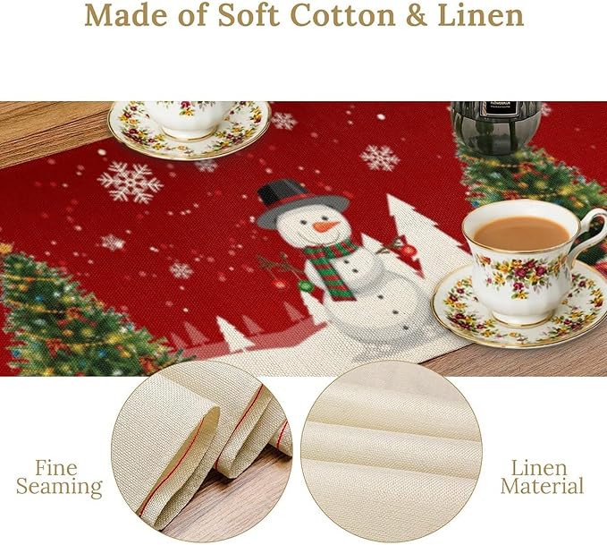 Christmas Table Runner,Snowman Rustic Red Snowflake Winter Table Cloth Kitchen Dining Table Decoration for Home Party Decor 13x90 Inch