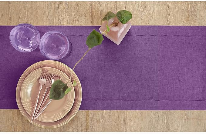 Solino Home Linen Purple Table Runner 48 Inches - Classic Hemstitch, 100% Pure Linen Coffee Table Runner 14 x 48 Inch Ideal for Dresser Tables - Fall, Autumn, Halloween, Thanksgiving, Holiday