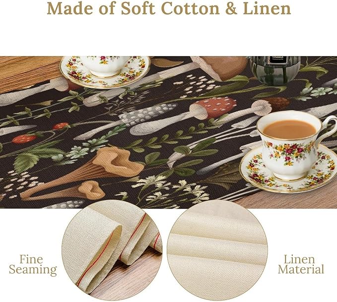Mushroom Table Runner,Retro Forest Wildflower Botanical Plants Flower Art Pattern Print Burlap Hotel Indoors Outdoor Dining Room Kitchen Holiday Party, 13x60in