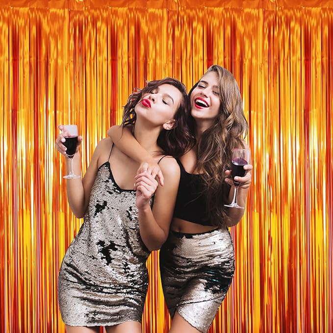 GOER 3.2 ft x 8.2 ft Metallic Tinsel Foil Fringe Curtains Party Photo Backdrop Party Streamers for Birthday,Graduation,New Year Eve Decorations Wedding Decor (4 Packs,Orange)