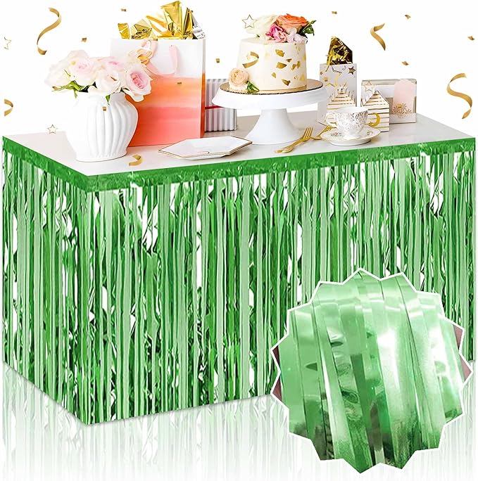 3 Pack 29 x108 Inch Light Green Foil Fringe Table Skirts Metallic Banner for Tinsel Streamer Garland Backdrop for Parade Floats Mother's Day, Graduate, Birthday, Wedding Party Decoration