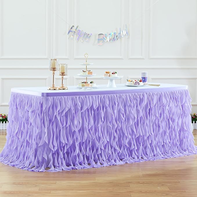 PARTISKY Lavender Purple Tulle Curly Willow Table Skirt for Rectangle Table 14ft, Ruffle Tutu Table Cloth for Girls Boys Baby Shower,Mermaid Birthday Party