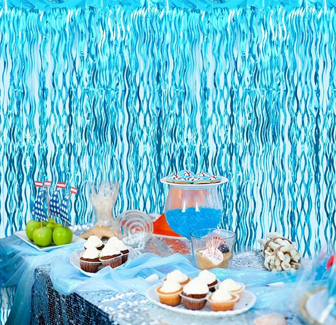 Goer Metallic Tinsel Foil Fringe Curtains for Party Photo Backdrop Wedding Decor (3 Pcs,Wavy Light Blue)