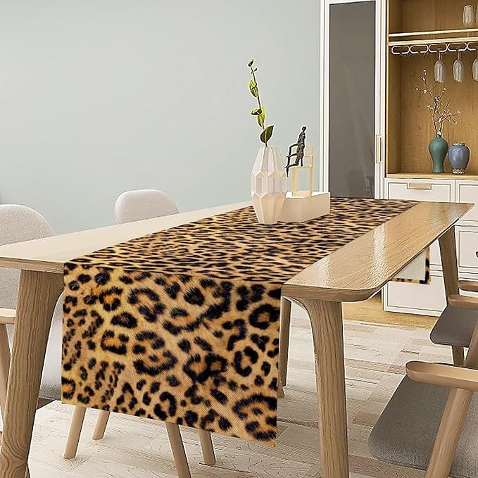 Leopard Print Dinning Table Runner, Cotton Linen Rustic Cottage Country Farm Safari Wildlife Fur Print Table Runners for Table Dresser Runner Dinning Kitchen Party Holidays Home, 13x36 Inch