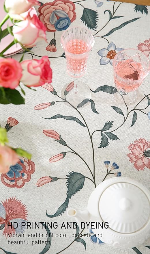 ISAENNE Designer Chinoiserie Linen Floral Small Round Tablecloth,White Wrinkle Resistant Table Cloth,Elegant Decor Tablecloths for Dining Thanksgiving Kitchen Christmas,Diameter 55"-Daffy