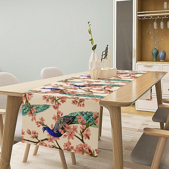 Peacock Table Runner,Spring Floral Peacock Birds Table Runner for Home Kitchen Dining Party Indoor Outdoor Decoration 13x70 Inch