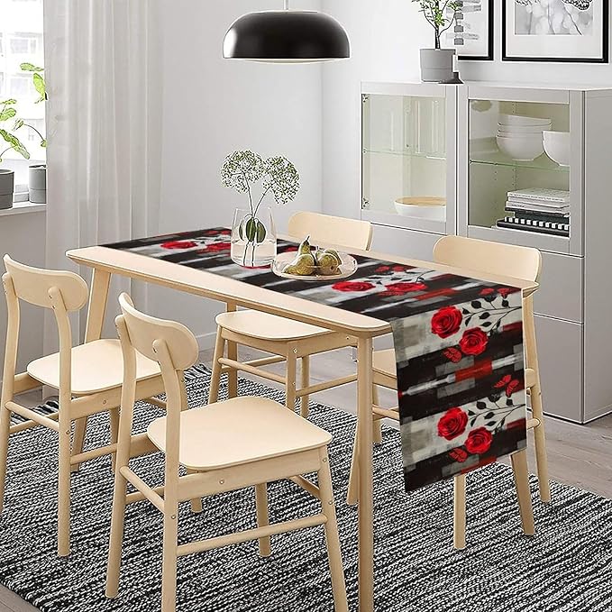Abstract Art Rose Table Runner, Red Roses Floral Butterfly Black Red Grey Ink Background Pattern Kitchen Dinning Table Runner for Indoor Outdoor Home Wedding Party Holiday, 13x90 Inch