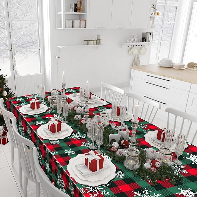 3Pcs Christmas Buffalo Plaid Snowflake Party Tablecloths Decorations,Plastic Red and Green Checkered Rectangle Table Cover for Winter Christmas New Year Birthday Holiday Party Decorations,54x108 inch
