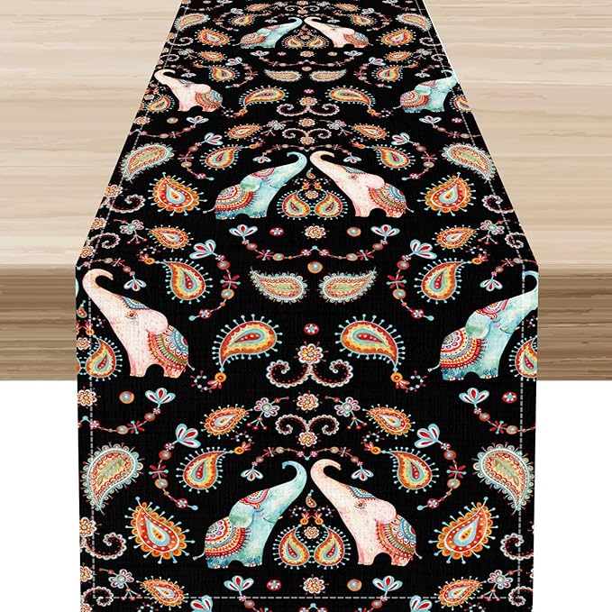Boho Table Runner, Indian Bohemian Elephant Mandala Paisley Floral Hippie Art Print Table Center Decor for Home Kitchen Dining Patio Holiday Party Indoor Outdoor Table Decorations, 13"x90" Inch