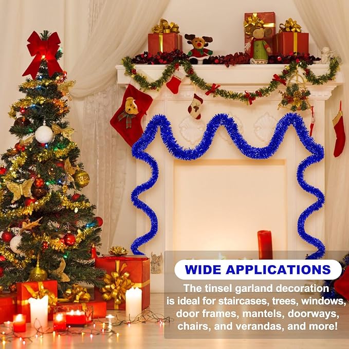 50 Feet Blue Christmas Tinsel Garland, Metallic Foil Twist Banner Wall Hanging Tinsel Streamers Backdrop for Parade Floats, Christmas, Mother's Day, Birthday Party Decorations(2in x 50ft)