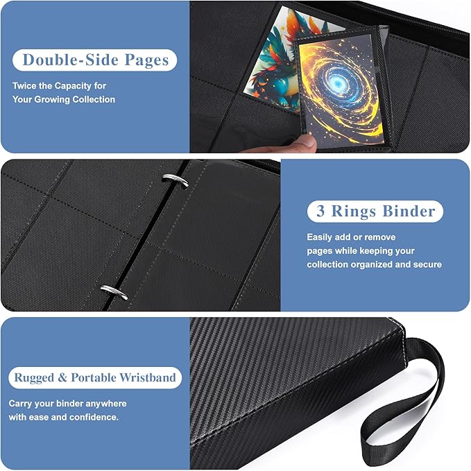 Trading Card Binder 9 Pocket with Display Window, 900 Cards Capacity Card Binder, Waterproof PU Leather Photocard Baseball Card Binder for MTG, TCG, Sports Cards, Black w/Clear Display Window