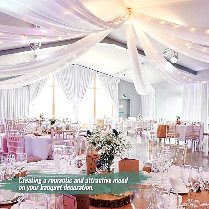 6 Panels White Ceiling Drapes 5ftx20ft Extra Long Wedding Ceiling Drapes Chiffon Fabric Arch Draping Sheer Curtains Soft Drapery Draping Wedding Ceiling Decorations for Party Ceremony Stage Swag
