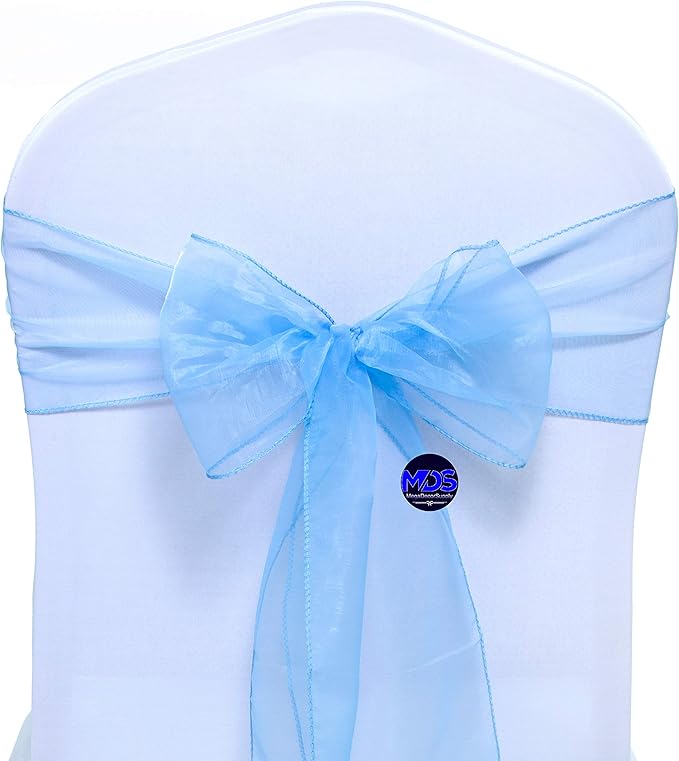 MDS Pack of 250 PCS Organza Chair Sashes Wider Dining Chair Bows Ribbon Tie Back for Wedding Party Birthday Bridal Shower Reception Event Banquet Home Chair Cover Decoration - Baby Blue