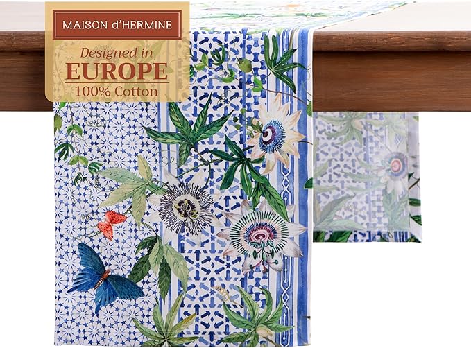 Maison d' Hermine Table Runner 100% Cotton Single Layer Table Runners 108 inches Long Decorative for Home Kitchen Dining Party Wedding Bridal Shower Spring Summer (Passiflora, 14.50" x 108")