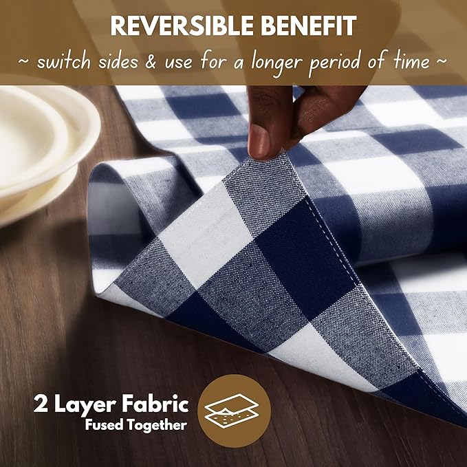 Native Fab Table Runner Buffalo Check Plaid 100% Cotton - 13x90 Inches Kitchen Dining Table Decoration for Indoor Farmhouse Home Decor - Navy Blue and White