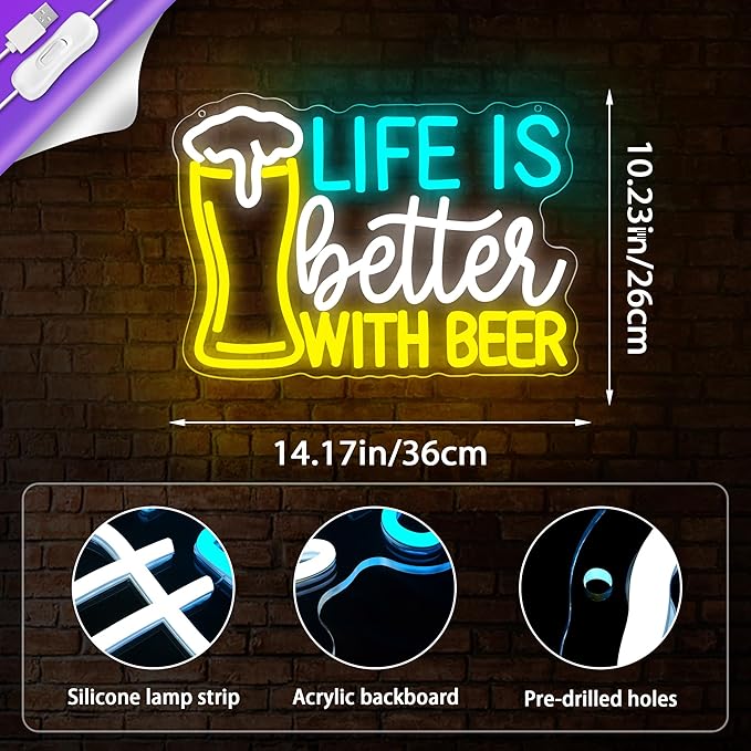 Beer Neon Sign for Wall Decor Bar LED Sign Beer Neon Light for Man Cave Bedroom Home Bar Shop Pub Bistro Party Hotel Game Room Decor Birthday Gifts for Man USB Powered Size14.1 * 10.2inches(JTD293)