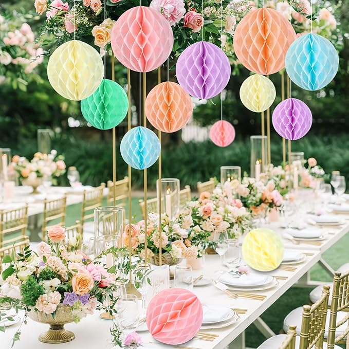 Hanging Honeycomb Decorations, Pastel Party Decorations, Rainbow Honeycomb Balls Decorations for Macaron Birthday Baby Shower Spring Decor, Set of 16 ﻿