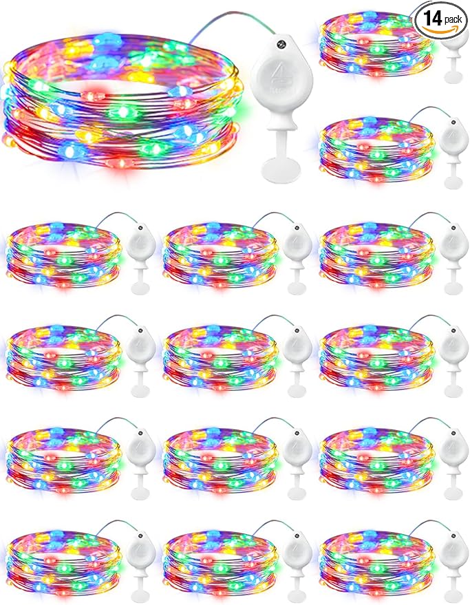 Brightown 14 Pack Multicolor LED Fairy Lights Battery Operated String Lights, 7ft 20LED Waterproof Silver Wire String Lights, Firefly Starry Moon Lights for Mason Jars DIY Christmas Wedding Party