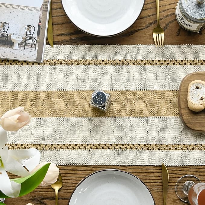 Artoid Mode Burlap Brown Farmhouse Woven Rustic Table Runner, Seasonal Holiday Hollow Kitchen Dining Table Decoration for Home Party Decor 12x60 Inch
