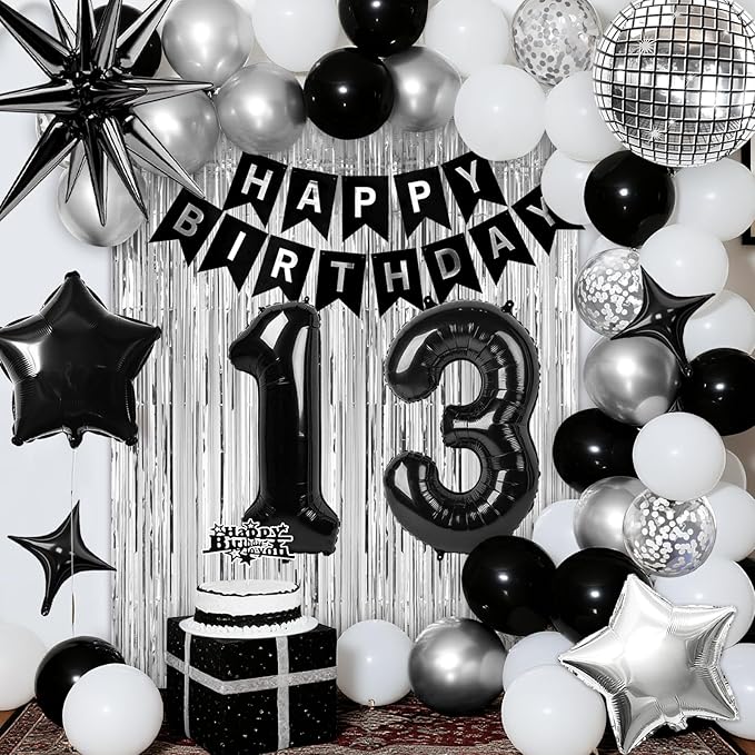 13th Birthday Decorations for Boys Girls, Black Silver Happy Birthday Party Decorations， 13 Year Old Party Supplies with Number 13 Balloons, Banner, Fringe Curtains Kit