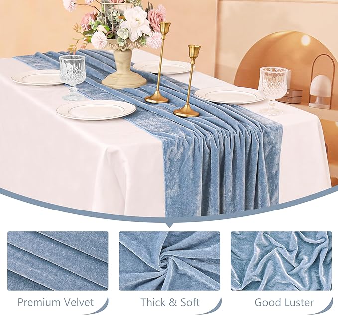 Velvet Table Runner 20 x 120 Inches 10ft Luxurious Thick Soft Velvet Christmas Thanksgiving Wedding Reception Table Runner for Party Reception Decorations(Dusty Blue, 6 Pack)
