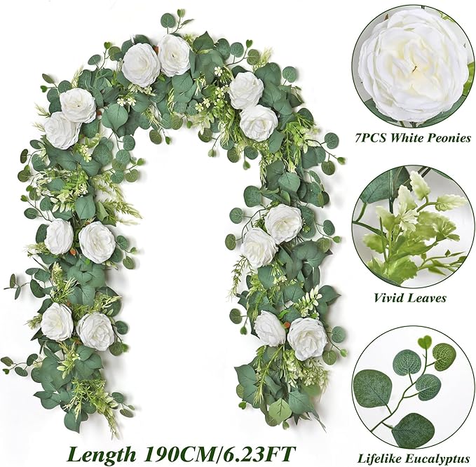 2PCS Artificial Eucalyptus Flowers Garland with White Roses 6.23FT Floral Garland Fake Peony Rose Vines Decorative Wall Hanging Plant for Wedding Party Arch Table Wall Backdrop Decor