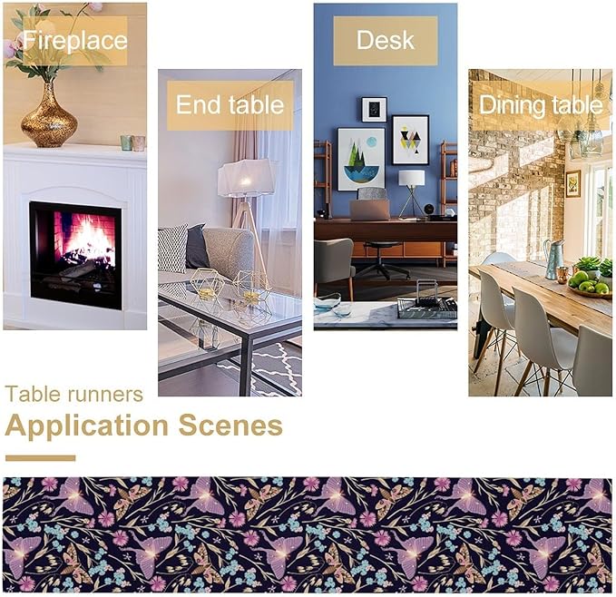 Moth Table Runner, Boho Aesthetic Moth Magic Table Runner for Home Kitchen Dining Party Indoor Outdoor Decoration 13x36 Inch