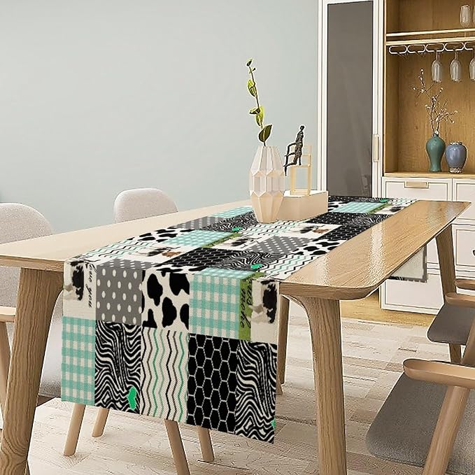 Cute Cow Print Table Runner,Farm Animals Honeycomb Plaid Stripes Cowhide Pattern Tablecloth Burlap for Hotel Indoors Outdoor Dining Room Kitchen Table Decor, 13x60in