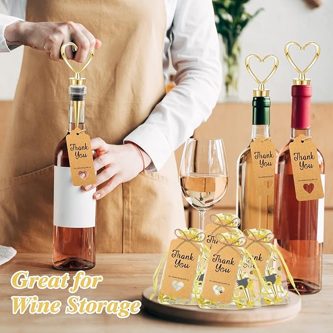 Buryeah 24 Set Wedding Heart Shaped Wine Stopper Party Favors Bulk Beverage Bottle Stopper Wine Cork Love Design Souvenirs for Guest with Sheer Bag Labels Rope Gift for Engagement Bridal Shower, Gold